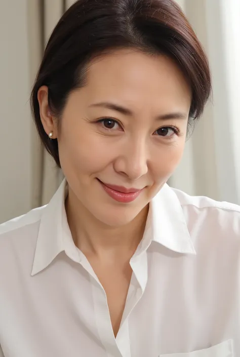 mature woman、 Japanese、55 years old (mature beauty: 1.5)、 Mischievous Smile 、( nasolabial folds :1.4)、 Natural Aging 、Warm Eyes 、( full body close-up :1.3)、 soft , Natural wrinkles 、 Beautiful skin with glasses (1.4)、 very detailed (1...