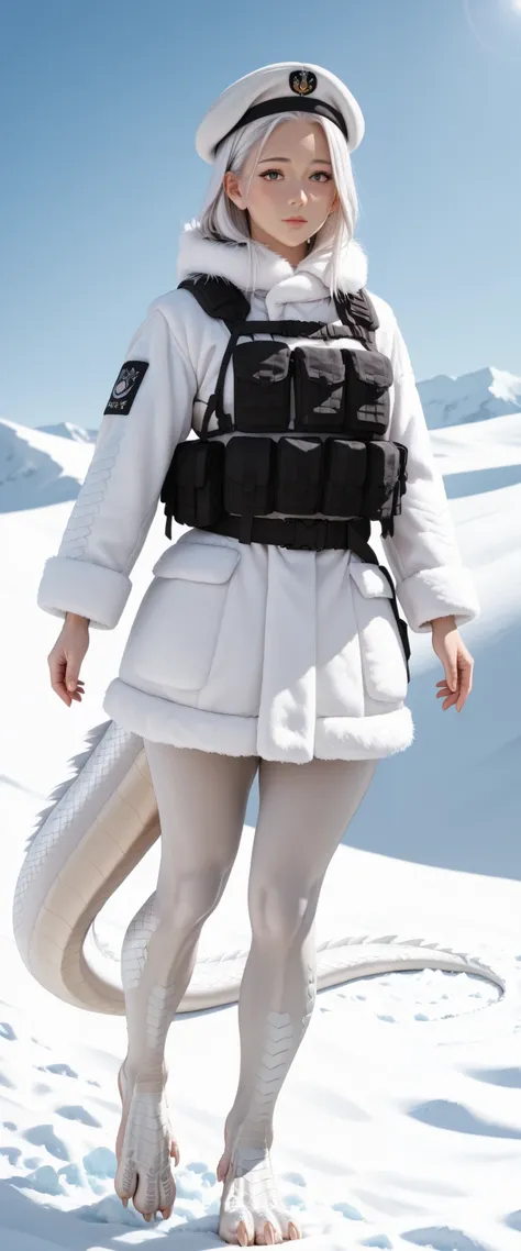 "A sensual woman with an athletic and thin body, but with thick thighs. She has white dragon scales on her arms, feet and tail, besides horns. Her face is feminine, with white hair and an intense look. She wears a white fur coat, a white tactical vest, a w...