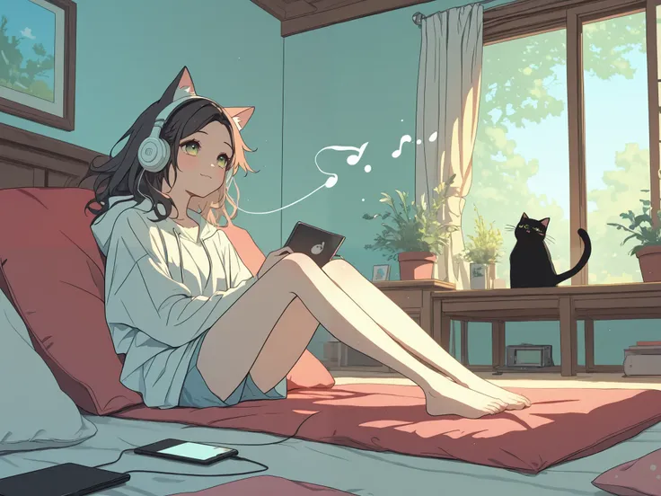 1 girl、Relax in a natural room、listening to music、１Cats