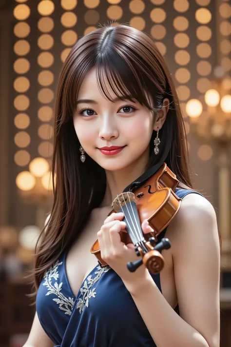 A highly detailed, ultra-realistic digital illustration of a beautiful young Asian female violinist performing on a grand, brightly lit concert stage. She is depicted from the waist up, with her long, voluminous chestnut brown hair cascading in soft curls,...