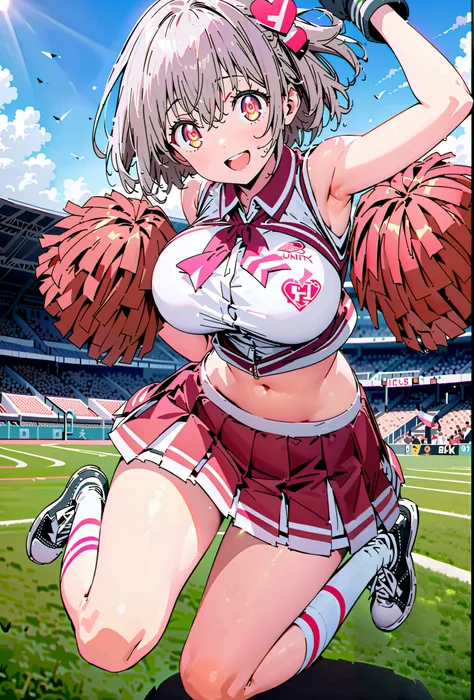 Red root heart ,solo, light purple hair, pink eyes, Glowing Skin,short hair,Big Breasts,smile,cover,opens her mouth,(Cheerleading), (full body),  on chest, (sweated), sweated Wet Clothes, (white clothes),sleeveless, pleated skirt,White socks,sneakers with ...
