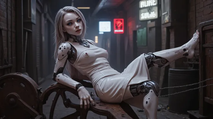 In the dimly lit alleyway, a stunning android woman sits atop a rusted metal bench, her mechanical limbs splayed out like a delicate flower. The air is thick with mist and neon hues, casting an eerie glow on her porcelain-like skin. A flowing white leather...