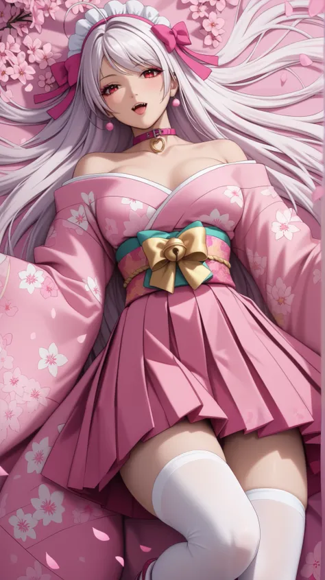 vampire moka akashiya, long hair, red eyes, ahoge, ((white hair)), large breasts,idol costume fused with pink floral kimono-tops, (pink floral kimono headdress with ribbon), fitted pink kimono top with cherry blossom pattern, off-shoulder design, kimono lo...