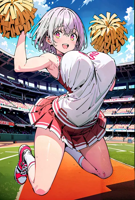 Red root heart ,solo, light purple hair, pink eyes, Glowing Skin,short hair,Big Breasts,smile,cover,opens her mouth,(Cheerleading), (full body),  on chest, (sweated), sweated Wet Clothes, (white clothes),sleeveless, pleated skirt,White socks,sneakers with ...