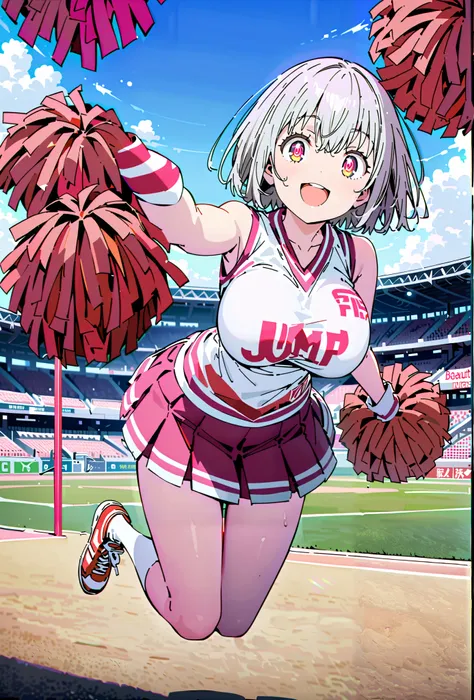 Red root heart ,solo, light purple hair, pink eyes, Glowing Skin,short hair,Big Breasts,smile,cover,opens her mouth,(Cheerleading), (full body),  on chest, (sweated), sweated Wet Clothes, (white clothes),sleeveless, pleated skirt,White socks,sneakers with ...