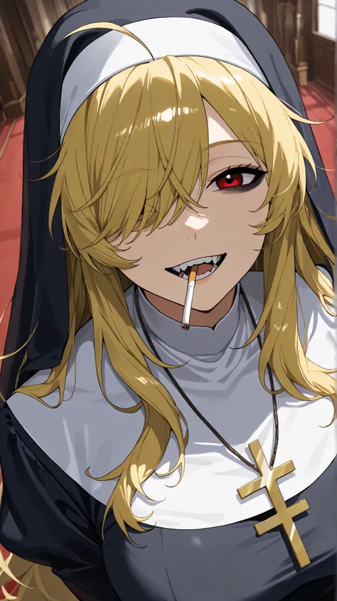 Nun
High quality , best quality , masterpiece, High Resolution , anatomically correct, anime coloring,
solo, 1 girl, adult, cool woman, bad giri,
red eyes,blonde hair,long hair,hair over one eye,ahoge,messy hair,large breasts, dark circles under the eye...
