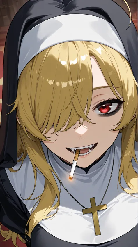 Nun
High quality , best quality , masterpiece, High Resolution , anatomically correct, anime coloring,
solo, 1 girl, adult, cool woman, bad giri,
red eyes,blonde hair,long hair,hair over one eye,ahoge,messy hair,large breasts, dark circles under the eye...