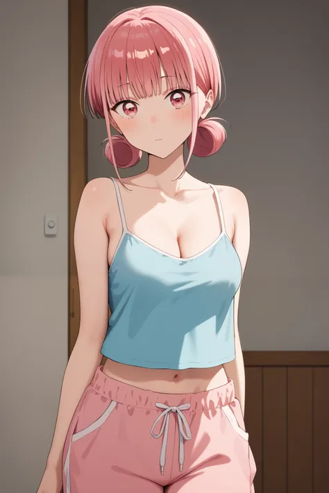masterpiece,best quality,{{detailed beautiful face and eyes}}, very detailed background,
Hina Chouno,short hair,pink hair,bangs,blunt bangs,sidelocks,pink eyes,medium breasts, camisole, crop top, spaghetti strings, baggy pajama pants, cleavage
1girl,(,big ...