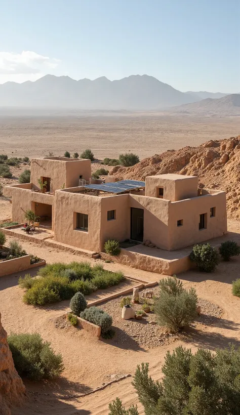 Imagine a self-sufficient house located in an arid environment in the Taroudant region of Morocco. The house is built using traditional techniques with local materials such as adobe and rammed earth. It features thick, warm-toned walls, a rammed earth roof...
