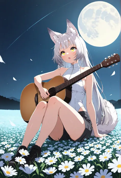 bungs短い,turns around,  backlit,Fleeting,masterpiece ,  medium chest,1 girl, alone, 短いbungs,bungs,Round eyebrows,  yellow eyes, silver hair ,straight long hair,long hair,wolf cut,Gray fox ears,   White Fox Ears,gradient to gray over the tips of her ears,ful...