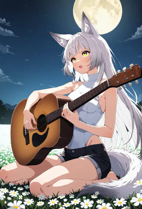 bungs短い,turns around,  backlit,Fleeting,masterpiece ,  medium chest,1 girl, alone, 短いbungs,bungs,Round eyebrows,  yellow eyes, silver hair ,straight long hair,long hair,wolf cut,Gray fox ears,   White Fox Ears,gradient to gray over the tips of her ears,ful...