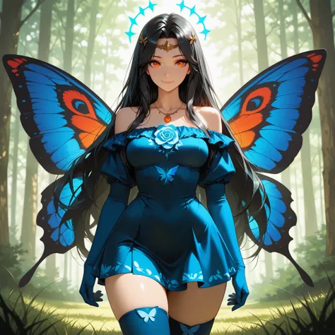 anime style, Masterpiece, best quality, Woman, pretty face, red-orange eyes, very long hair, black hair, parted hair, hair antennas, blue short dress, bare shoulder, medium breasts, wide hips, , curvy body,,, smiling, diadem, necklace, forest background, g...