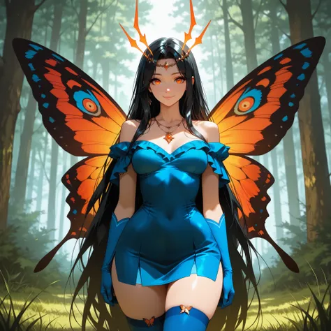 anime style, Masterpiece, best quality, Woman, pretty face, red-orange eyes, very long hair, black hair, parted hair, hair antennas, blue short dress, bare shoulder, medium breasts, wide hips, , curvy body,,, smiling, diadem, necklace, forest background, g...