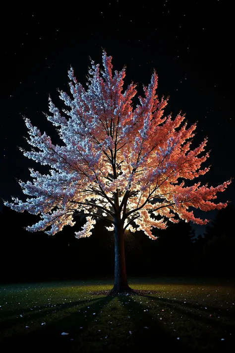 A single sakura tree in full bloom, depicted in minimalistic photorealistic style, glowing softly in the darkness. The blossoms emit an intensified bioluminescent glow, like moonlit silk—natural, radiant, and ethereal. Petals in soft shades of pale pink an...