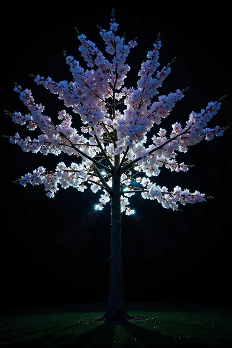 A single sakura tree in full bloom, depicted in minimalistic photorealistic style, glowing softly in the darkness. The blossoms emit an intensified bioluminescent glow, like moonlit silk—natural, radiant, and ethereal. Petals in soft shades of pale pink an...