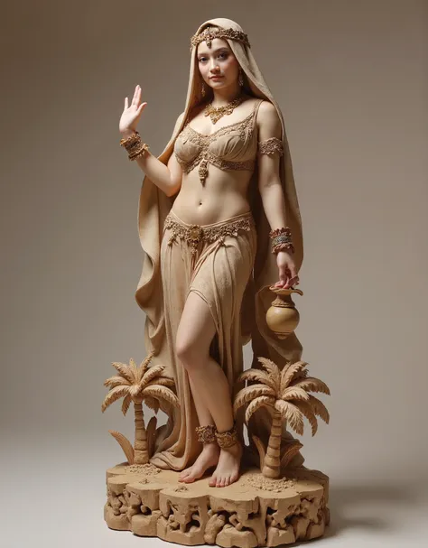 A highly detailed and ultra-realistic wooden sculpture of a breathtaking desert princess from the Middle East, masterfully carved from a single piece of high-quality wood. The craftsmanship captures her exquisite beauty, graceful posture, and mesmerizing p...