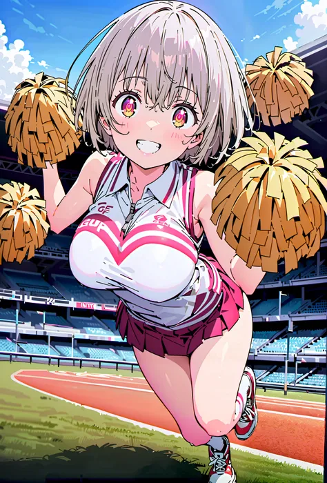 Red root heart ,solo, light purple hair, pink eyes, Glowing Skin,short hair,Big Breasts,smile,cover,opens her mouth,(Cheerleading), (full body),  on chest, (sweated), sweated Wet Clothes, (white clothes),sleeveless, pleated skirt,White socks,sneakers with ...