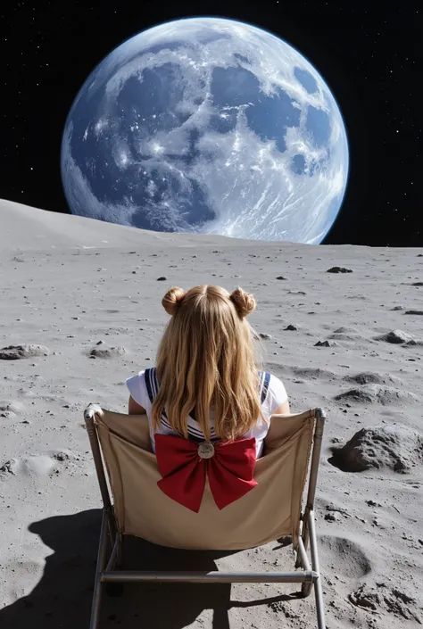 Create a hyper-realistic photograph of a beautiful 20-year-old girl with fair skin. She has very long straight blonde hair styled in two buns, resembling twin tails. She is wearing a Sailormoon costume and is lounging on a beach chair under the sun on the ...