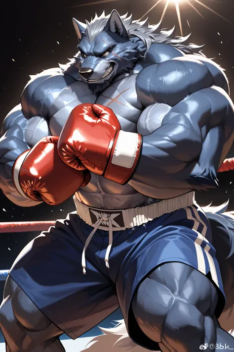 solo, muscular old wolf, dark blue fur, grey tip hair, scar on cheek, detailed eyes, tail, happy, grin, boxing, fighting stance, boxing gloves, shirtless, very huge pectoral, shorts, detailed face:1.3, eyes, wide shoulder, thick arms, wide pectoral, muscle...