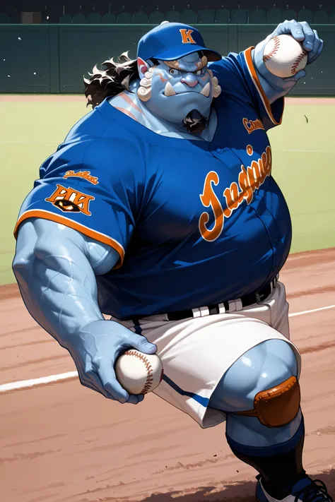 solo, chubby jinbe, happy, side chest, Stand slightly sideways, side angel, shirtless, very huge pectoral, shorts, baseball, jersey, baseball fields, pitcher, playing baseball, jersey, baseball hat, detailed face:1.3, eyes, wide shoulder, thick arms, wide ...