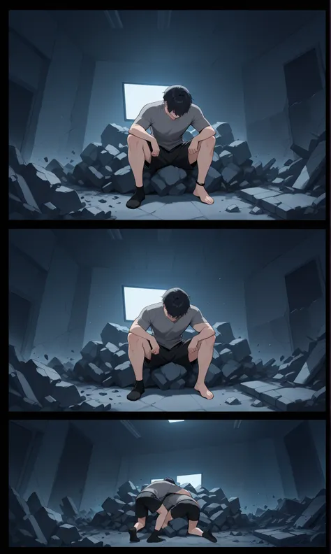 Multi panel comic, a boy with a grey shirt and black shorts is sitting in a pile of rubble, he is injured, he rips off a black ankle bracelet