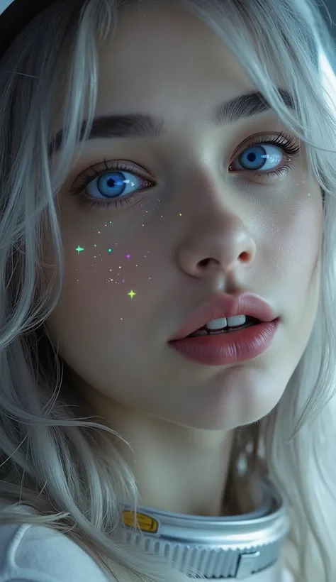 ( A close up of a better masterpiece:1.5)0.9], ( Space and astronauts :1.2) ( Messy silver hair :1.1) ( Xanthochromia heterochromia and blue eyes:1.2) (Space helmet:1.0) (Colored stars in the eyes:1.0) (A radiant glow:1.1) ( full lips:0.9)