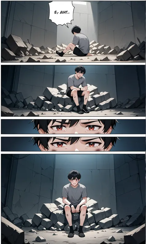Multi panel comic, a boy with a grey shirt and black shorts is sitting in a pile of rubble, he is injured, closeup shot of his dirty and battered face, closeup tearing off a black ankle bracelet