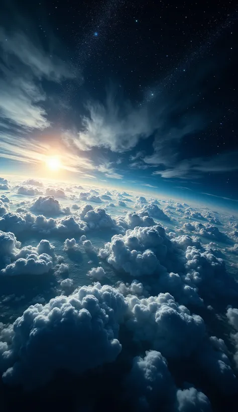 View from space in the distance, the earth is covered with clouds, the light from the angels evenly distributed the earth radiating into space, view of planet earth from a distance, view of earth surrounded by atmosphere, view of the blue planet from space...