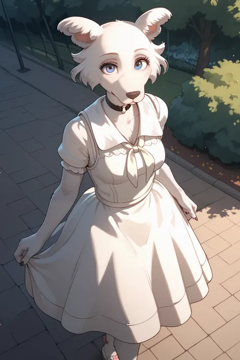 top view, Park, looks at the viewer, anthropomorphic she-wolf,  white fur , summer dress