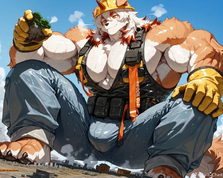 score_9, score_8_up, score_7_up, score_6_up, furry, anthro, solo, hung, perro, arknights, two-tone fur, medium hair, white hair, single horn, orange eyes,(macro size: 1.9), (a giant furry hung in a fantasy town: 1.1), describe image of a giant hung doing s...