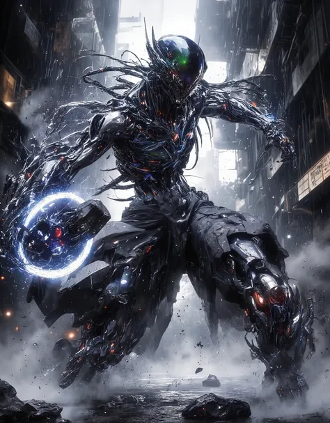 Cyberpunk anime, a stunning new generation cyborg robot without a face,forcefully throws a stone at the viewer, powerful throwing dynamics, air movement, water splashes, steam, smoke,the head is a visually auditory node, a faceless humanoid with a transluc...