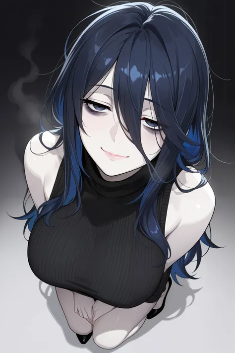Lady, Mature, Adult, Multicolor hair, long messy Black-Dark Blue hair, Dark Blue eyes, Half shut eyes, dark circles under eyes, Pale skin, Sharp Features, sleeveless sweater with middle open , Beautiful, Masterpiece, Hot, slight smile, Full Body