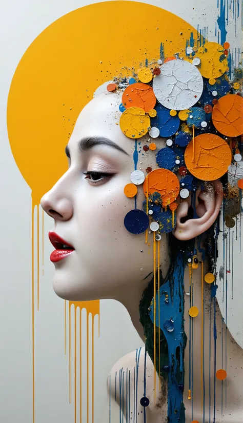 A striking mixed-media portrait in profile view combines abstract and figurative elements, featuring a fragmented white face with detailed lips against a dynamic background of geometric circles and paint splatters. The composition employs a bold color pale...