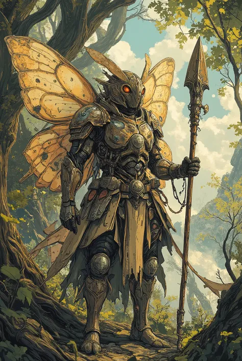 male moth warrior, Meisterwerk, Best quality, Super Detail,episch,4k,Wald, wears armor, Holds a spear, In fantasy art style, cinematic light , ultra detailed, 8k resolution ,((takes on an epic stance:1.4)),,(lovely, detailliert:1.1) , (complicated, detai...