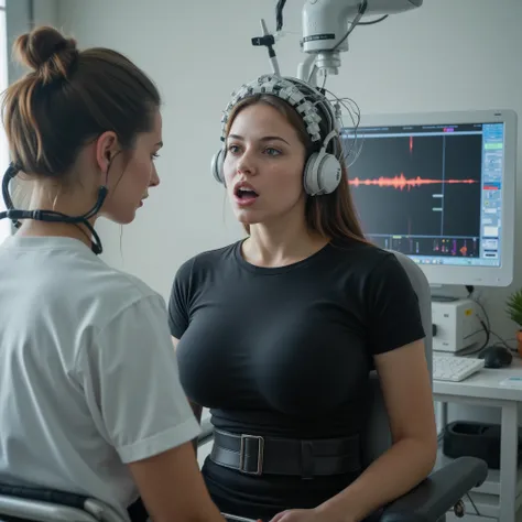 Masterpiece photo, photorealistic view of an experimental feedback-electroencephalogram in action, close-up of a young slim (((fullbreasted))) female patient receiving an EEG-feedback, with medical headgear, EEG with many electrodes, cables connected to a ...