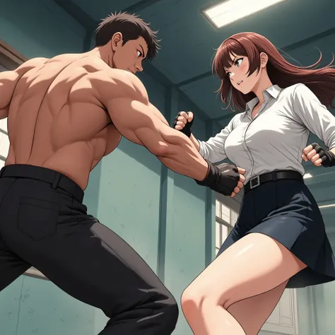(masterpiece, Top Quality:1.2),low angle。 Active Angle。1 girl, 1 boy ,fight、woman in pencil skirt。Female criminal。woman in blouse。combat posture。Women's Crisis。Women's Disadvantage。,face to face。Fighting,full body、hand,perfect hand。from below ,
battle of t...