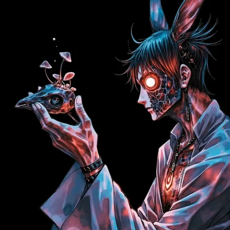 cyberpunk, young evil  monk, chillin in the city
 god eye, antagonist , daoists  , double_exposure vibrant colorful heavens paradise onto the shape of a male priest praying with one hand with book touching the sky with a black backdrop"canvas_in_shape | bl...