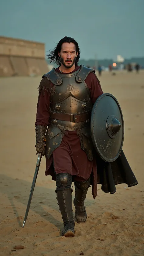 Keanu Reeves reimagined as Hector walking and holding a silver sword、dramatic atmosphere, 1 male、
Long, dark hair tied at the nape, strands clinging to his face, and a trimmed beard framing his sharp jawline. His intense, thoughtful eyes are dark and stea...