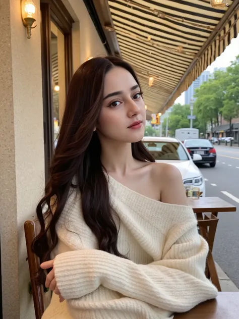 "A realistic digital painting of a beautiful young woman with long, silky dark hair sitting at an outdoor café. She gazes into the distance with a soft, dreamy expression. She is wearing an off-the-shoulder, oversized cream-colored sweater, exposing one sh...