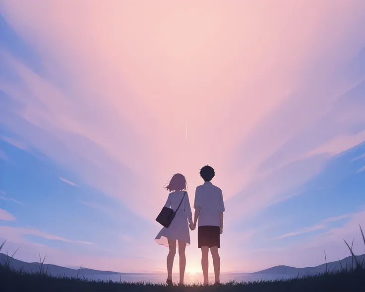 Back view of a high school couple in love holding hands and looking up at the sky under the vast deep blue sky of midsummer。