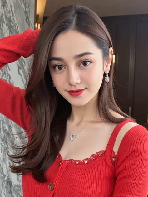 "A highly detailed and realistic digital painting of a beautiful young woman with long, silky dark brown hair. She has radiant, smooth skin, large expressive eyes, soft pink blush on her cheeks, and full red lips. She wears a stylish red ribbed top with la...