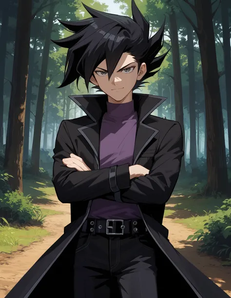 score_9, score_8_up, score_7_up, source_anime, smirk, serious, JunManjome, 1boy, male focus, solo, black hair, pants, spiked hair, purple shirt, bangs, coat, long sleeves, shirt, black pants, hair between eyes, belt, black coat, buckle, belt buckle, grey e...