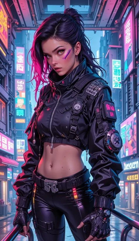 A ferocious cyberpunk girl stands in the twinkling glow of a Mercedes subway car，The subway runs through the neon flashing city bottoms at night。Her short black leather jacket decorated with exquisite rivets and shiny control patches，Landscape with open ，S...