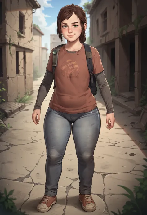 score_9, score_8_up, score_7_up, score_6_up, score_5_up, score_4_up, 1girl, , , solo, skinny, green eyes, brown hair, ponytail, freckles, lips, shirt, t-shirt, layered sleeves, short over long sleeves, jeans, shoes, full body, standing, smile, looking at v...