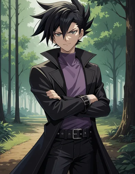 score_9, score_8_up, score_7_up, source_anime, smirk, serious, JunManjome, 1boy, male focus, solo, black hair, pants, spiked hair, purple shirt, bangs, coat, long sleeves, shirt, black pants, hair between eyes, belt, black coat, buckle, belt buckle, grey e...