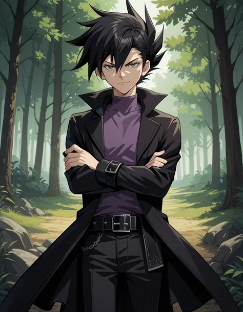 score_9, score_8_up, score_7_up, source_anime, smirk, serious, JunManjome, 1boy, male focus, solo, black hair, pants, spiked hair, purple shirt, bangs, coat, long sleeves, shirt, black pants, hair between eyes, belt, black coat, buckle, belt buckle, grey e...