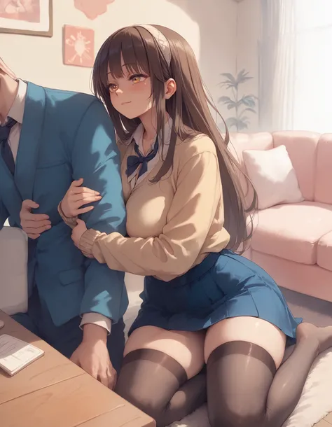 A highschooler girl with long brown hair, amber eyes, huge breasts, thick thighs, warm light, living room, couch, blushing, shy gaze, Yellow Cardigan, Simple Blouse (White), long Skirt (Dark Blue), black Stockings, thigh-high stockings, hugging arm, arm hu...