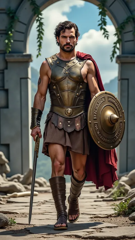 Henry Cavill reimagined as Theseus walking and holding a double-edged xiphos sword、dramatic atmosphere, 1 male、
Short, wavy dark brown hair, a clean-shaven face, and striking blue eyes set in a determined gaze. His frame is powerful and statuesque, with s...