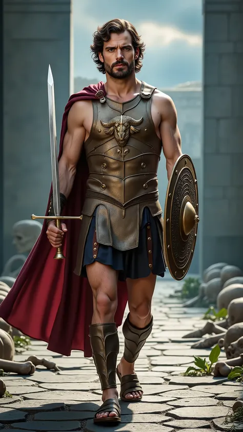Henry Cavill reimagined as Theseus walking and holding a double-edged xiphos sword、dramatic atmosphere, 1 male、
Short, wavy dark brown hair, a clean-shaven face, and striking blue eyes set in a determined gaze. His frame is powerful and statuesque, with s...