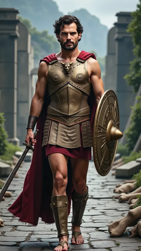 Henry Cavill reimagined as Theseus walking and holding a double-edged xiphos sword、dramatic atmosphere, 1 male、
Short, wavy dark brown hair, a clean-shaven face, and striking blue eyes set in a determined gaze. His frame is powerful and statuesque, with s...